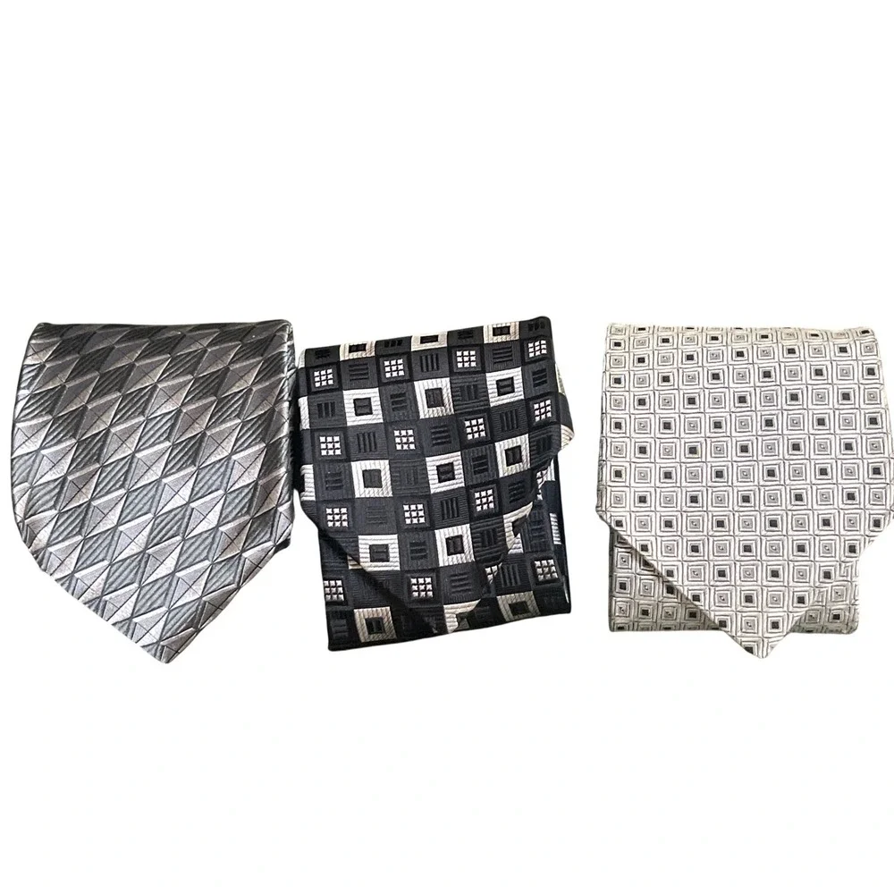 Milano's‎ Clothier Mens Silk Tie Set 3 Geometric Silver Black Grey Made in USA